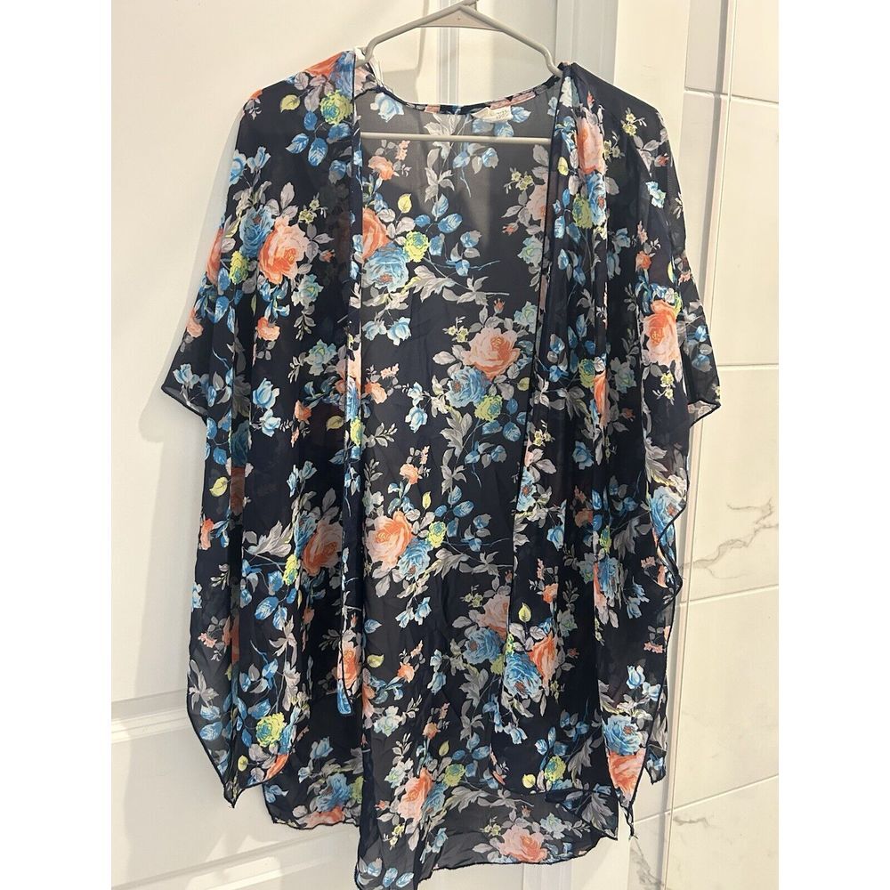Navy & Pink,  Floral Open Kimono Top, By Emory Park, Short Sleeve, Sheer, Size L